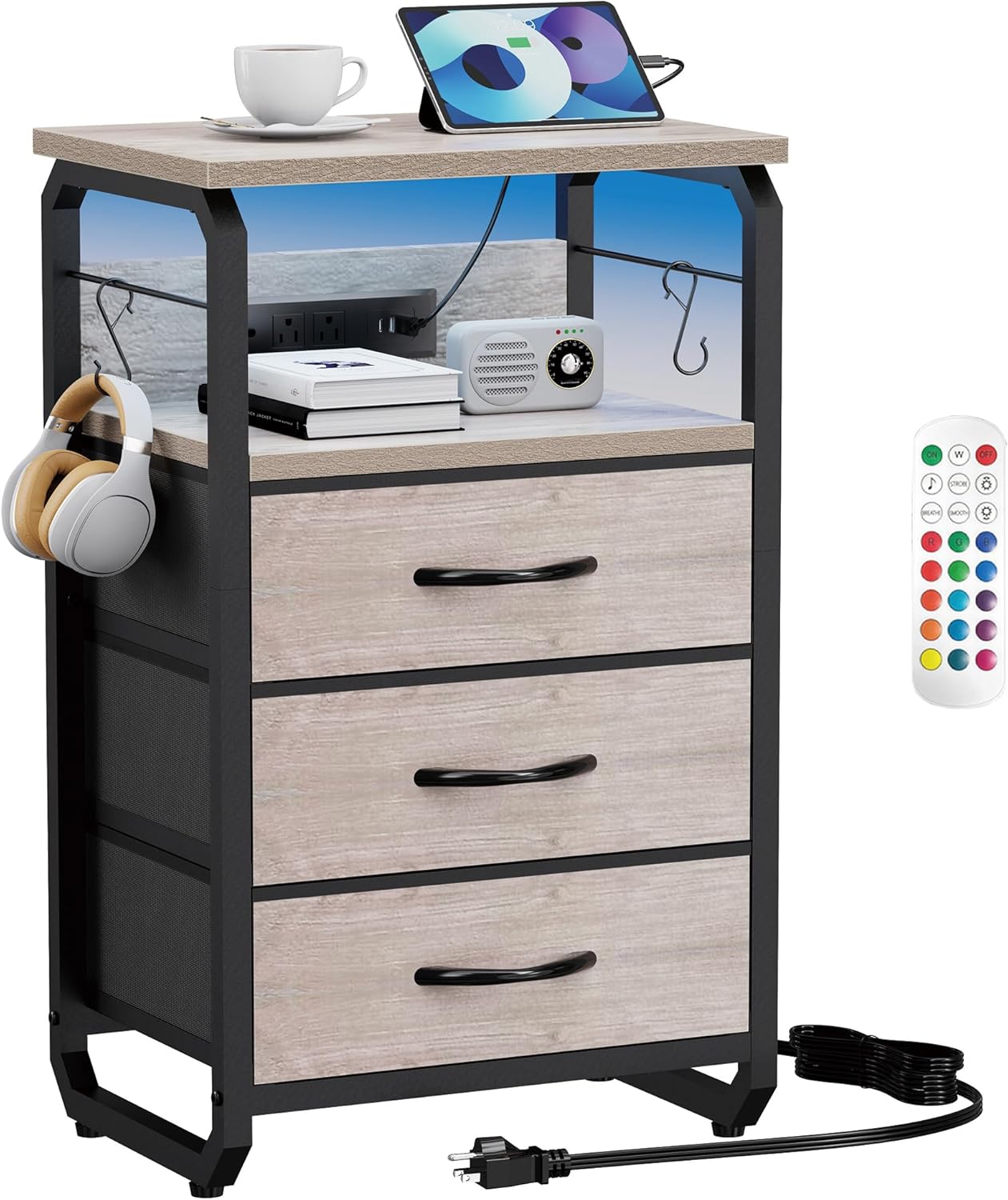 runjuly Bed Side Table with 3 Fabric Drawers, Night Stand with Charging Station, LED Nightstand with Hooks, Bedside Table End Tables with Storage, Night Tables for Bedroom (Beige)