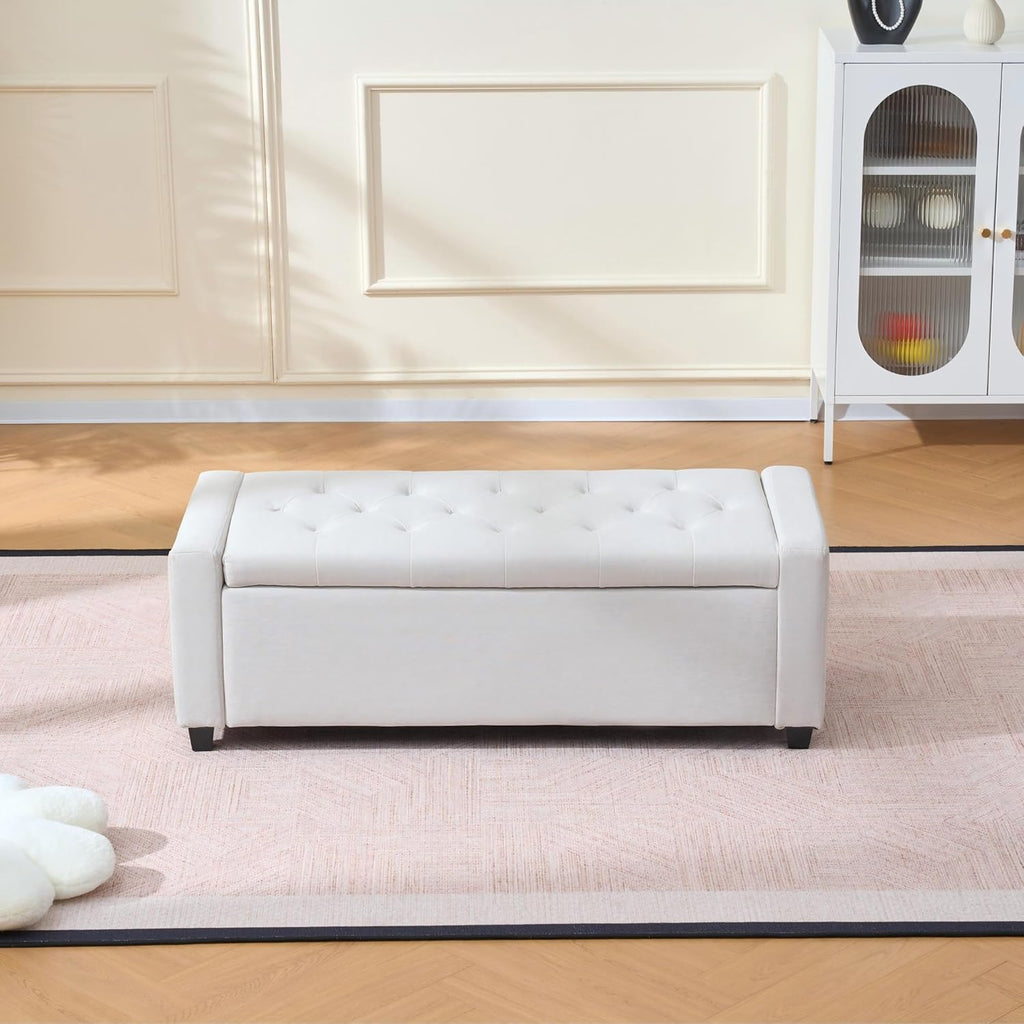 48" Storage Bedroom Bench for End of Bed, Faux Linen Upholstered Storage Ottoman with Arms for Bedroom,Living Room, Entryway, Beige