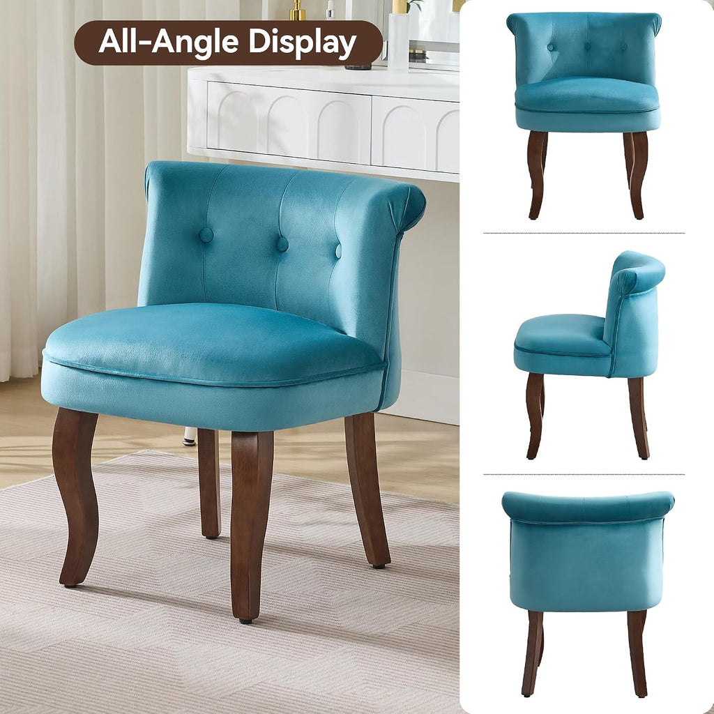 WUTUTUEE Velvet Vanity Chair with Back, Tufted Upholstered Vanity Stool with Solid Wood Legs, Mid Century Small Makeup Chair for Vanity, Accent Chair for Bedroom, Living Room, Teal