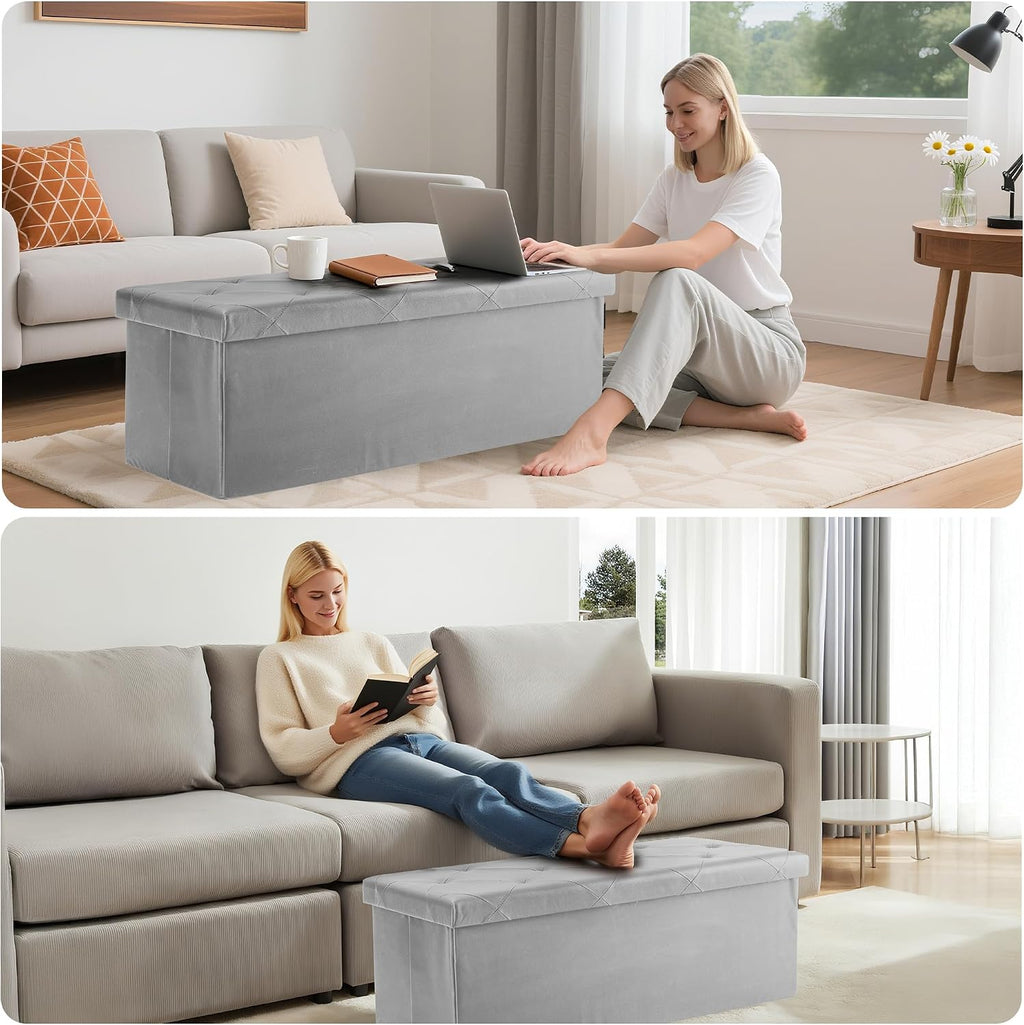 DUMOS 43 Inch Folding Ottoman with Storage Bench, Foot Rest Stool Ottoman | Upholstered End of Bed Storage Bench, Storage Ottoman Loads 660 Lbs for Bedroom, Living Room, Synthetic Leather, Grey