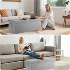 DUMOS 43 Inch Folding Ottoman with Storage Bench, Foot Rest Stool Ottoman | Upholstered End of Bed Storage Bench, Storage Ottoman Loads 660 Lbs for Bedroom, Living Room, Synthetic Leather, Grey