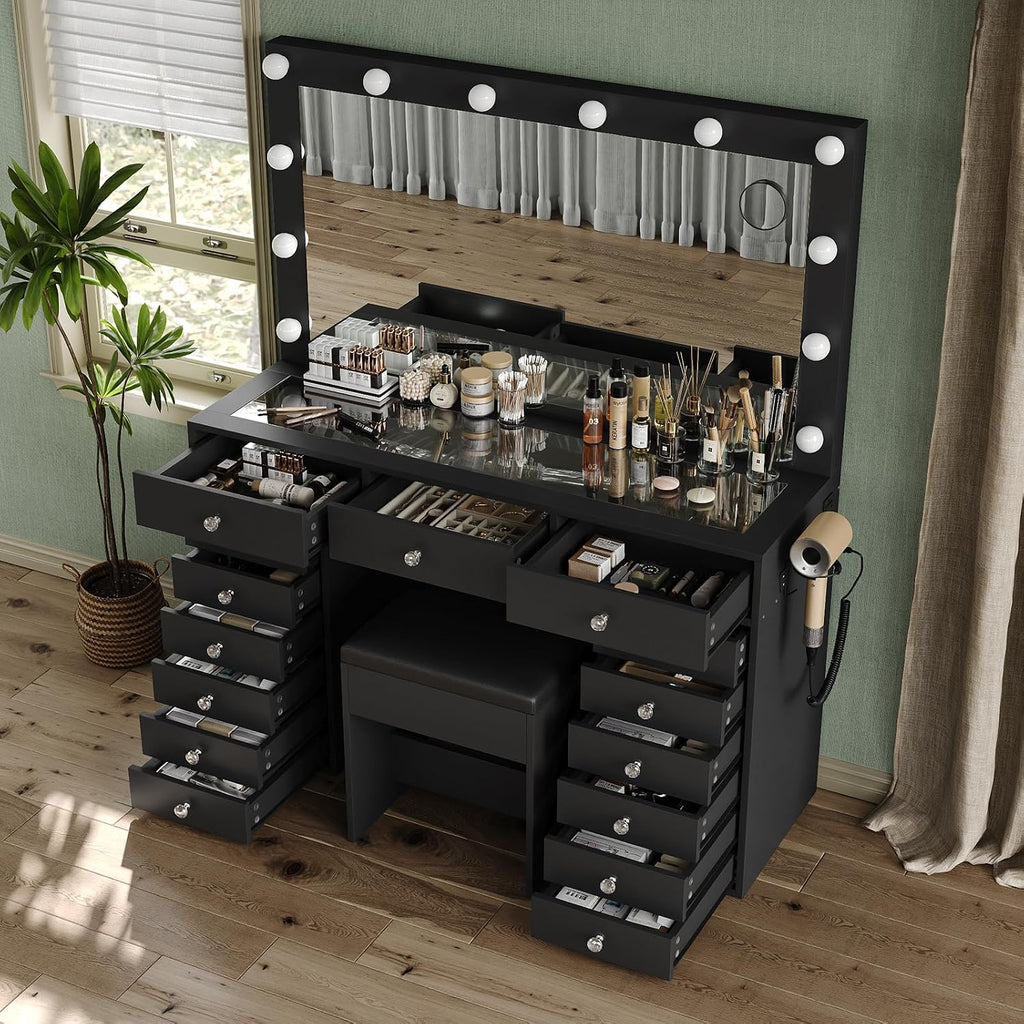 FUSOU 15 Drawers Vanity Desk with Mirror and Lights, Black | 47'' Makeup Vanity with Charging Station, 3 Color Modes Adjustable Brightness, Glass Top Vanity with Stool for Bedroom