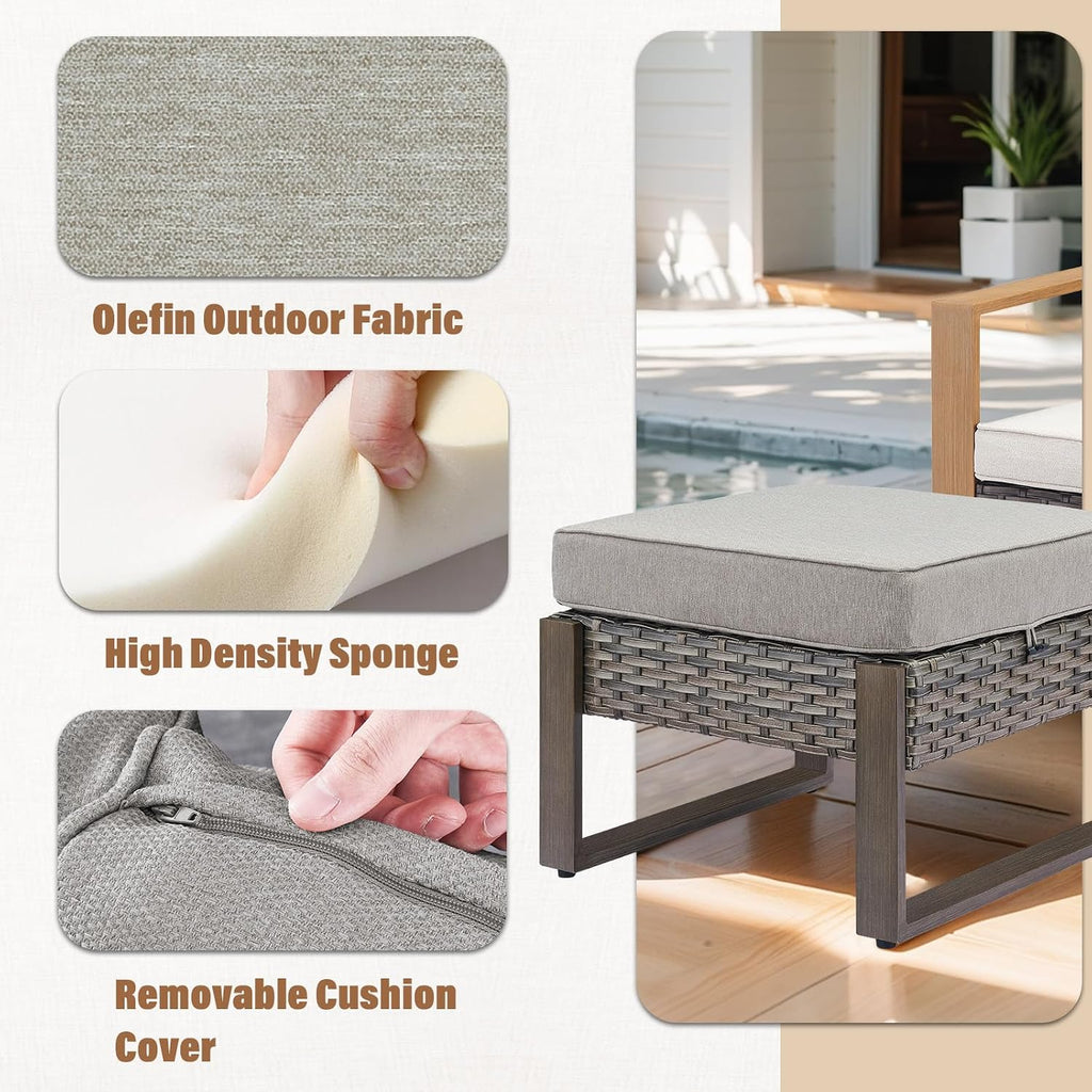 HUMMUH Patio Ottomans Outdoor Foot Rest-All Weather Rattan Outdoor Footstool with Removable Cover Cushions for Deck Porch Garden Balcony Poolside-Grey/Grey