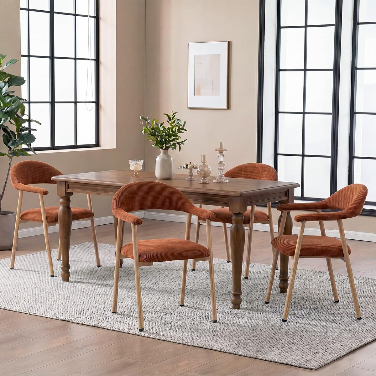 Dining Chairs Set of 4, Fabric Kitchen Side Chair for Living Room | Modern, Upholstered, Ergonomic Curved Backrest, Armrest, Metal Wood Grain Legs, Comfy, Orange
