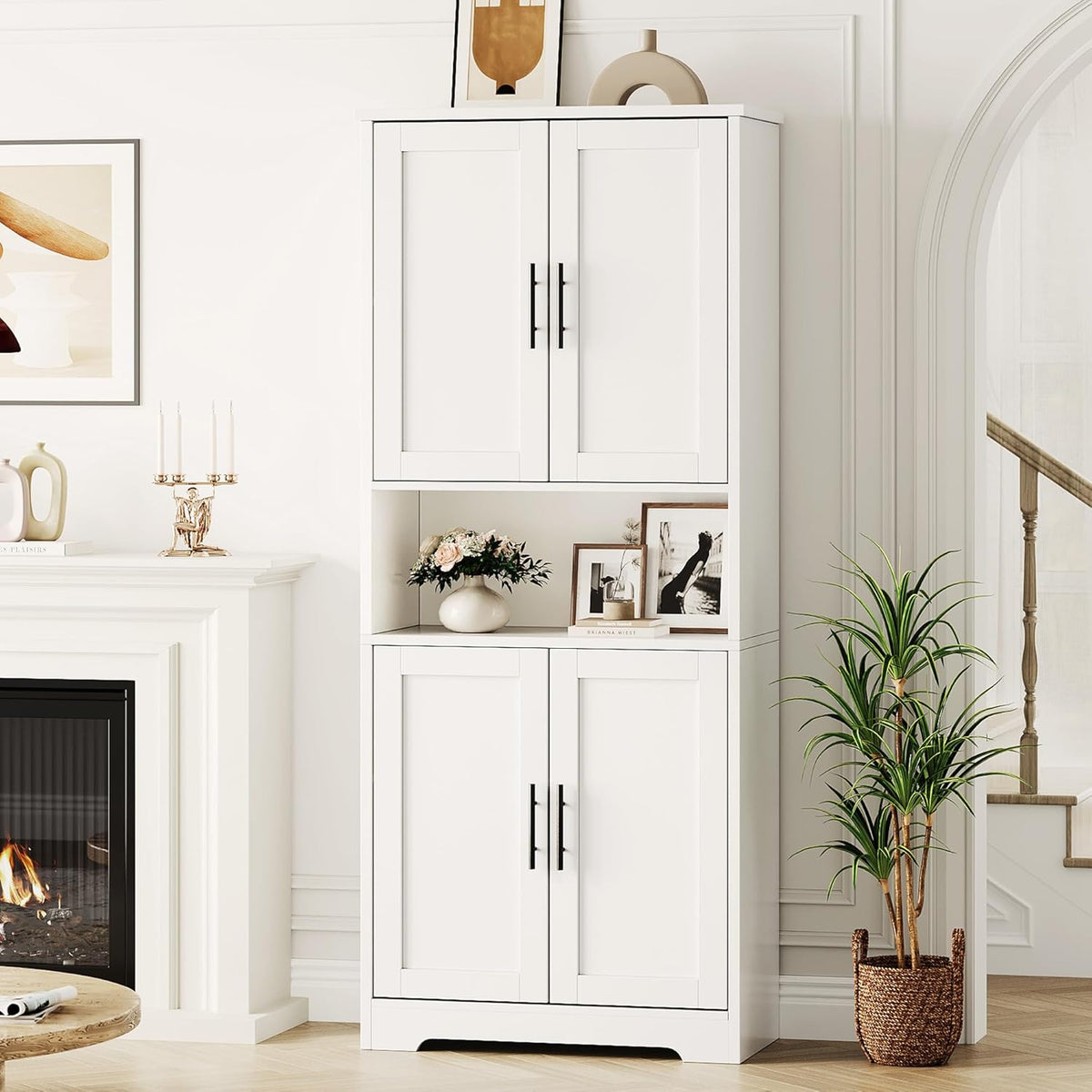 Kitchen Pantry Cabinet, 70in Tall White Storage Cupboard with Doors and Adjustable Shelves, Freestanding Stand Alone Wood Furniture Hutch for Living Room, Bathroom, Home Organization