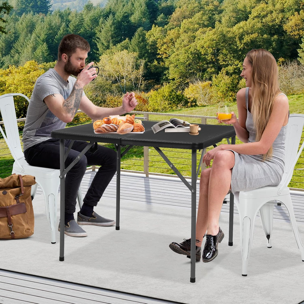 34" Square Plastic Folding Card Table - Portable Outdoor Dining Table with Collapsible Legs & Carrying Handle, Heavy Duty Plastic Table for Camping, Picnic, Office & Home(Black)