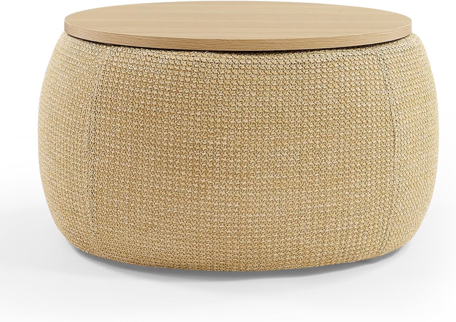 Round Storage Ottoman, 2 in 1 Function, Work as End Table and Ottoman, Natural (25.5"x25.5"x14.5")