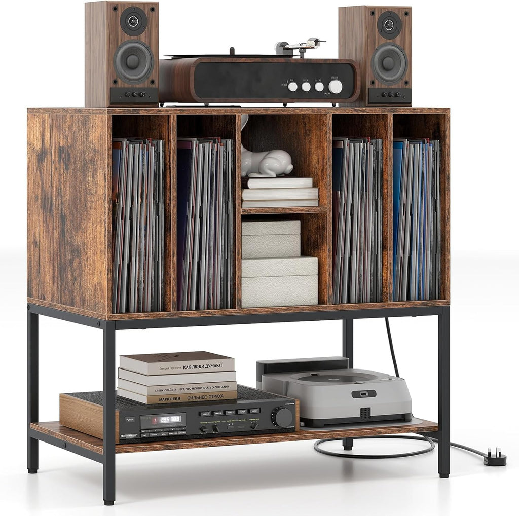 Giantex Record Player Stand with Charging Station, Turntable Stand with Storage Shelves Hold Up to 150+ Albums, Record Player Table with Metal Frame, Vinyl Record Storage for Music Living Room, Brown
