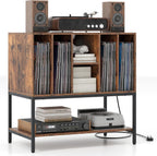 Giantex Record Player Stand with Charging Station, Turntable Stand with Storage Shelves Hold Up to 150+ Albums, Record Player Table with Metal Frame, Vinyl Record Storage for Music Living Room, Brown