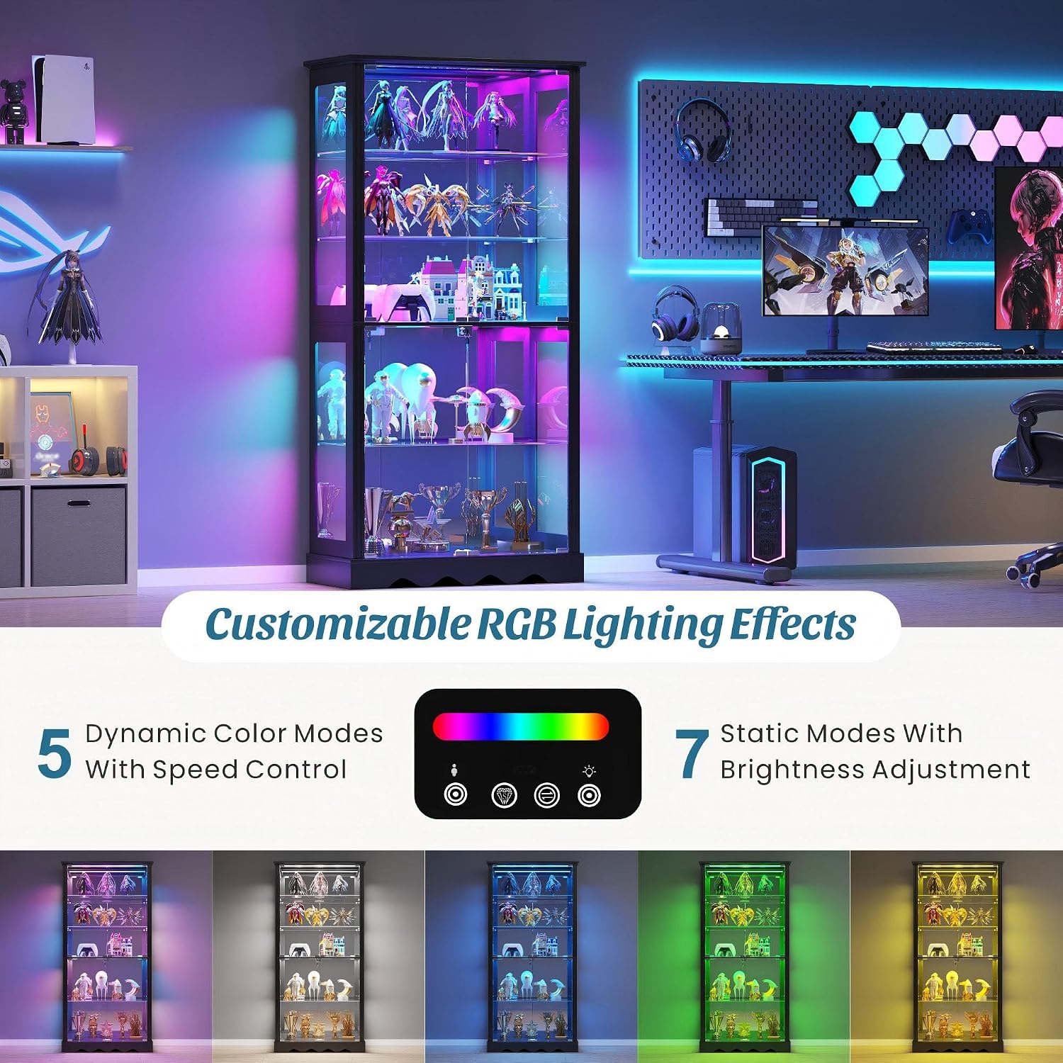 Dystler Display Cabinet with Glass Doors, RGB Lights for Collectibles