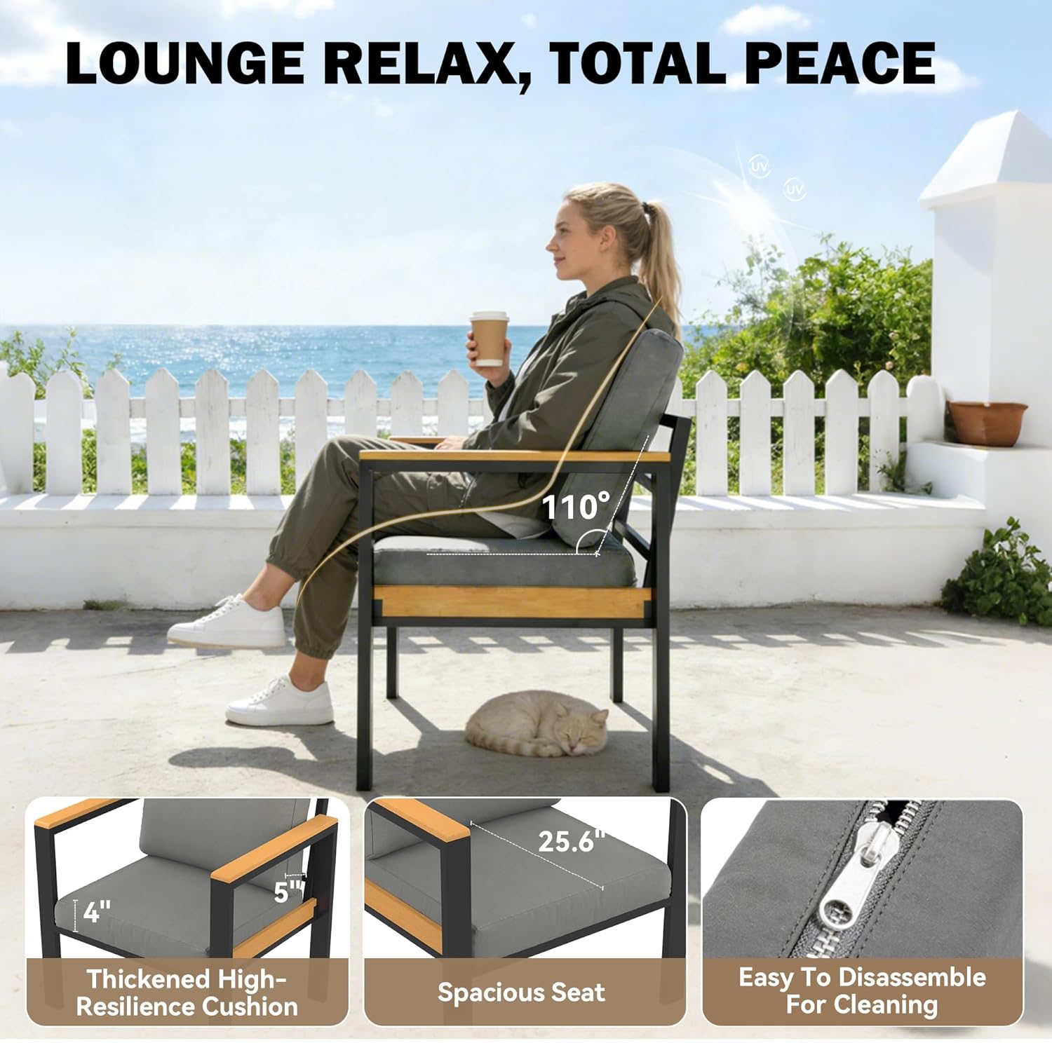 HOMREST Outdoor Couch Aluminum Patio Furniture Sofa, Loveseat and Ottoman, All-Weather Metal Outdoor Patio Furniture with Cushions, (Dark Grey) | Sofa