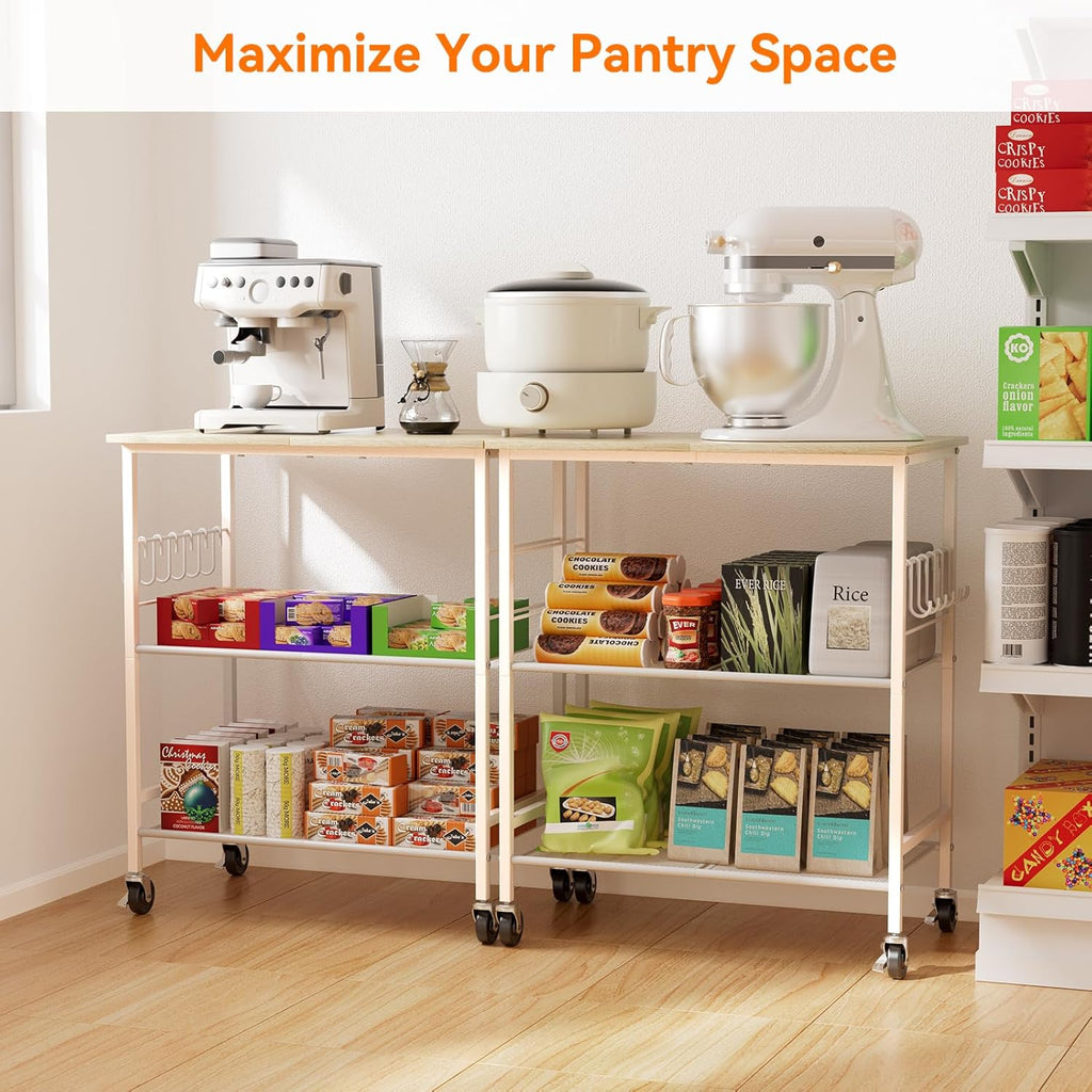 NTE Rolling Kitchen Microwave Cart, 3 Tier Microwave Stand with Storage, Small Kitchen Island on Wheels, Kitchen Storage Cart with 6 Hooks for Kitchen, Coffee Bar, Living Room, Balcony