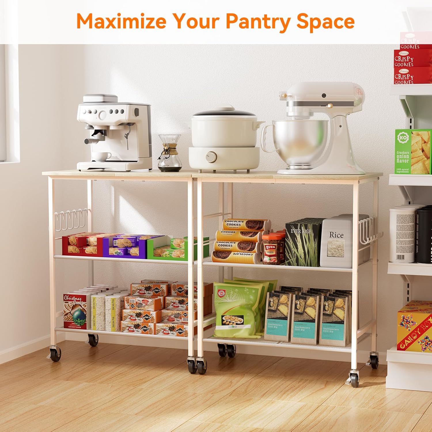 NTE Rolling Kitchen Microwave Cart, 3 Tier Microwave Stand with Storage, Small Kitchen Island on Wheels, Kitchen Storage Cart with 6 Hooks for Kitchen, Coffee Bar, Living Room, Balcony