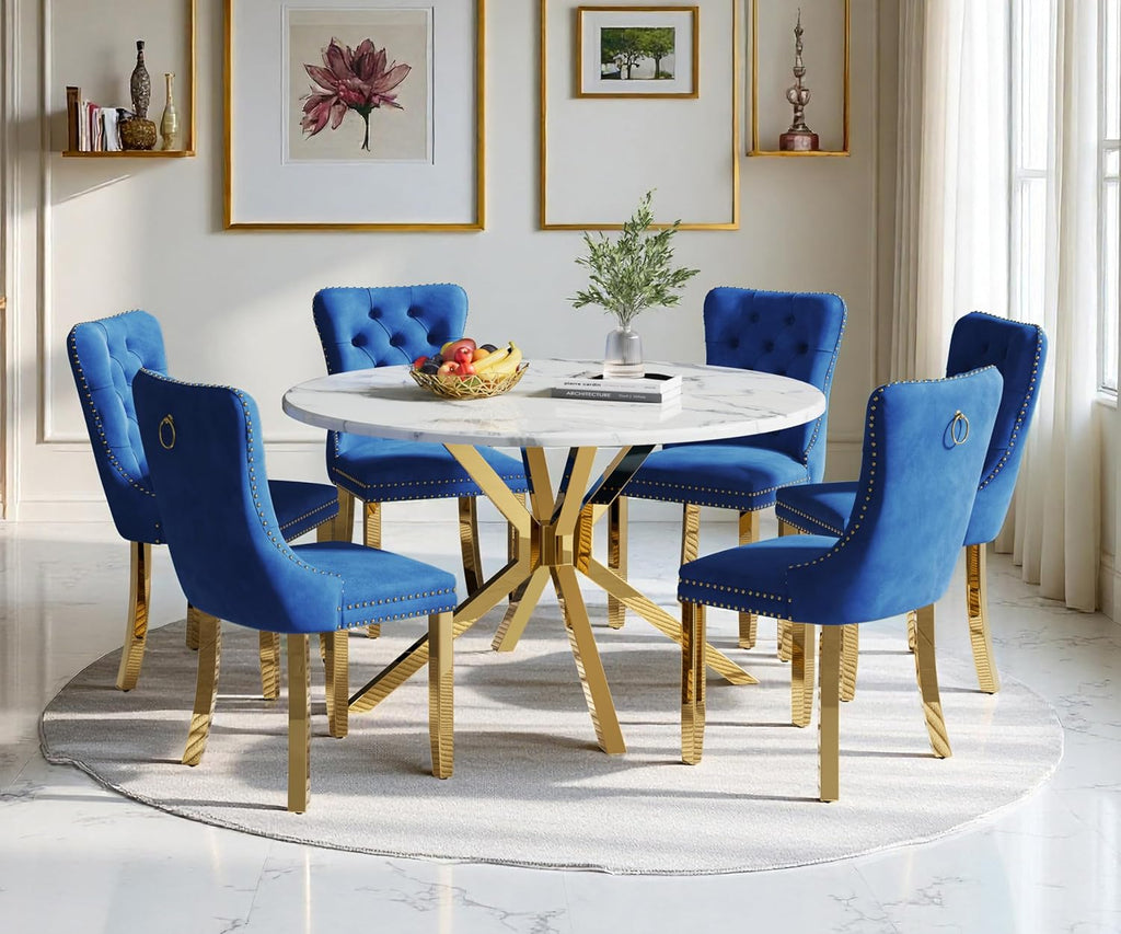 45" Marble Round Dining Table for 4 People, Modern Pedestal Kitchen Table with Mirrored Stainless Steel Cross Base & Faux Marble Top, Luxury Circle Dinner Table for Dining Room, Kitchen, Living Room