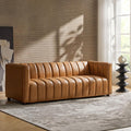 HULALA HOME 83" Genuine Leather Sofa with Channel Tufted Design, Camel