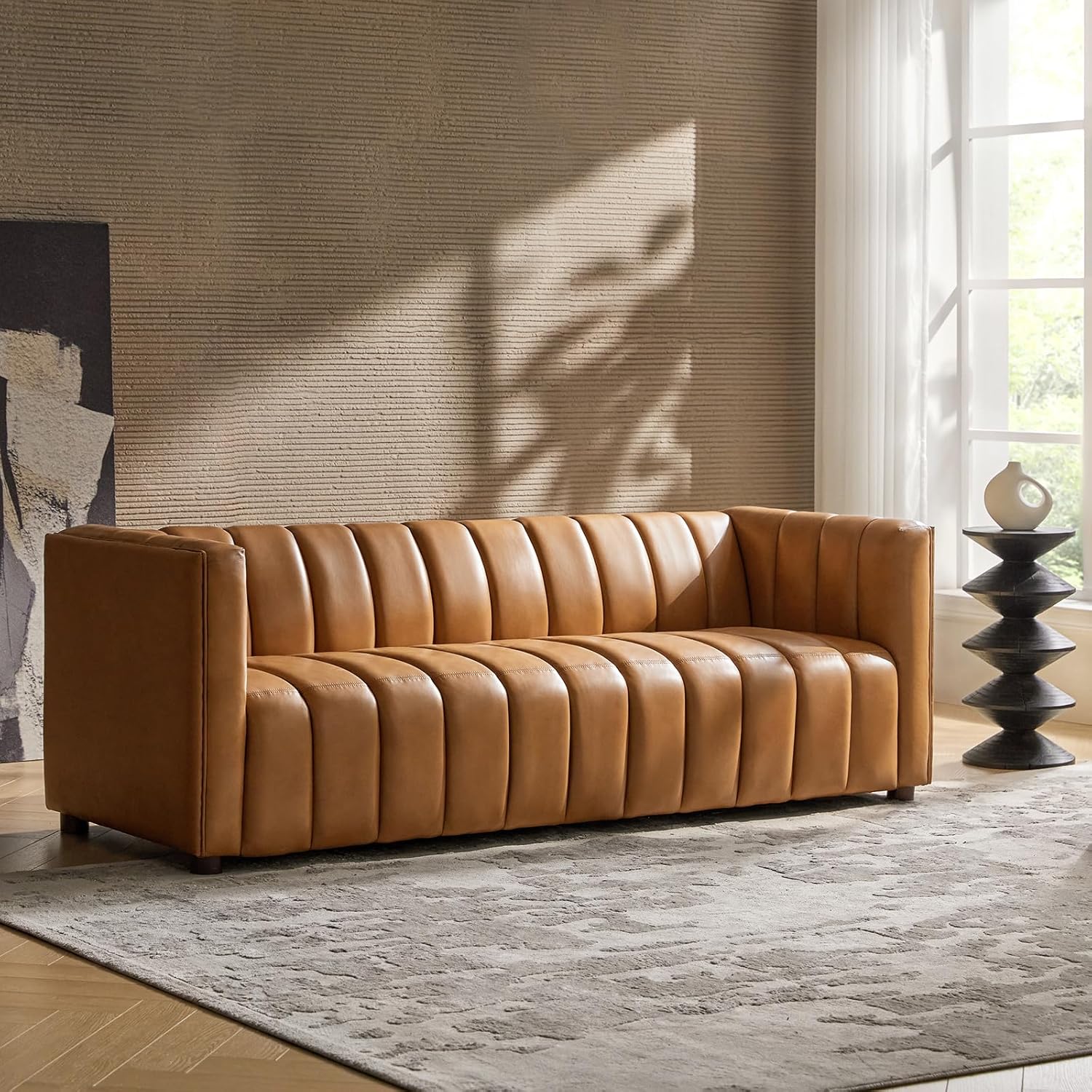 HULALA HOME 83" Genuine Leather Sofa with Channel Tufted Design, Camel