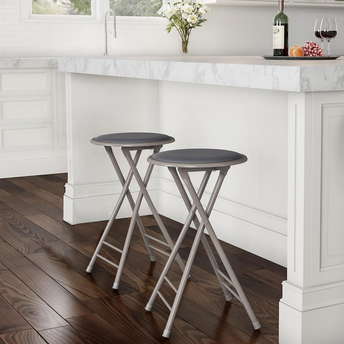 Lavish Home Folding Stool with Padded Backless Seat Set of 2, Gray, 24” | Counter Height Bar Stools with 225lb Capacity, Portable Indoor & Outdoor, Extra Seat for Kitchen, Rec Room or Camping