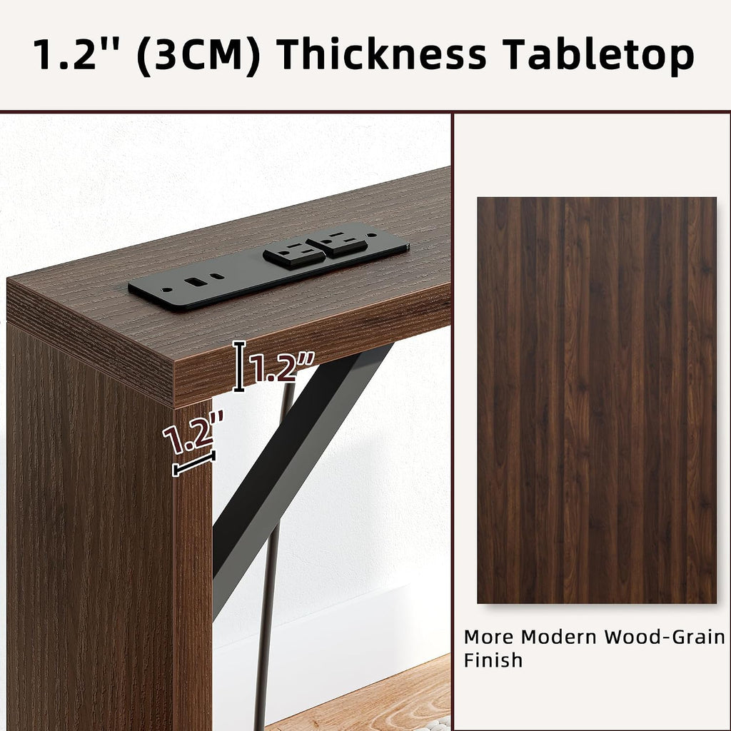 TIQLAB Sofa Table, 79 inch (1.2'' Thickness) Long Console Table Behind Couch, Narrow Entryway Table with Angled Metal Frame, Industrial Console Table, Black Walnut