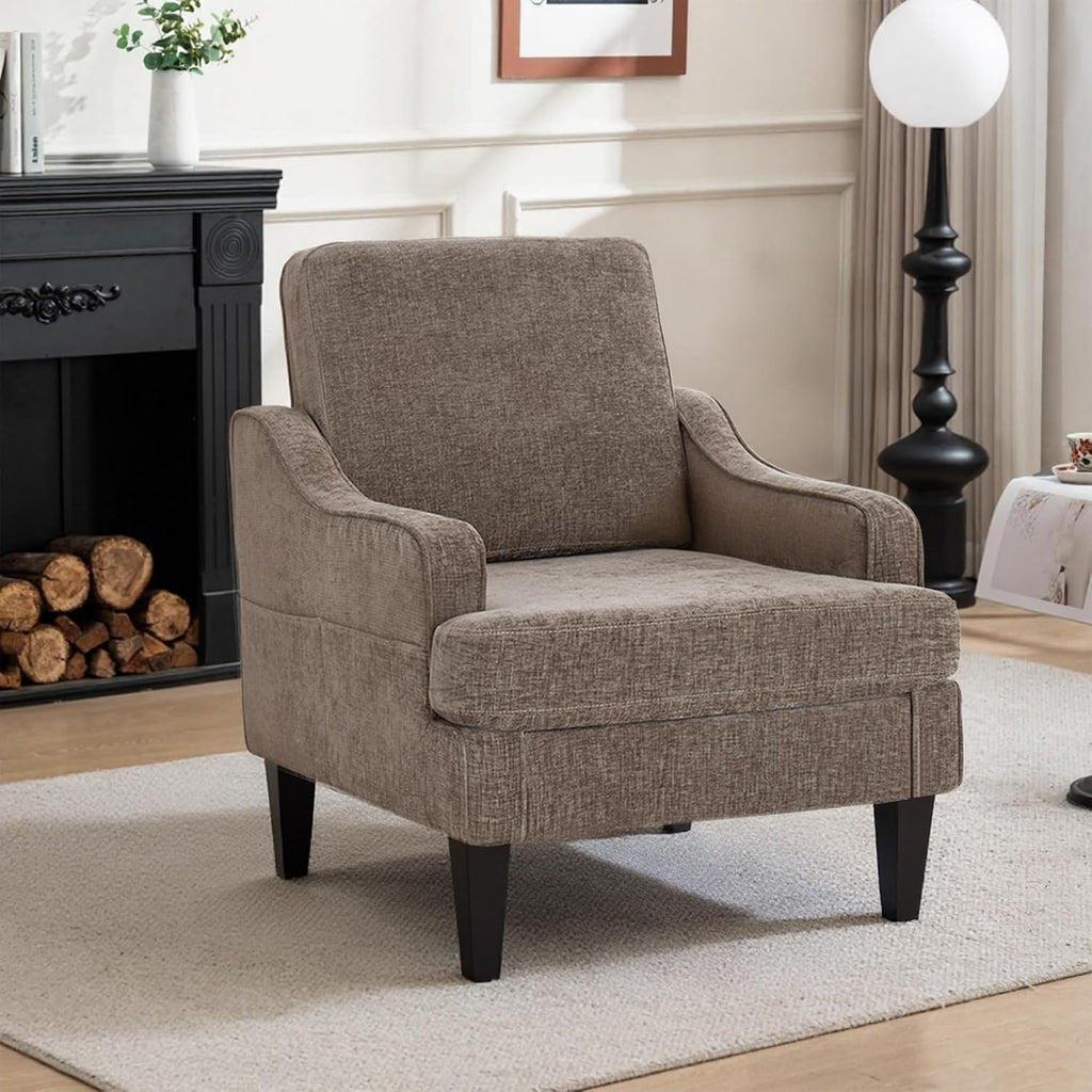 Accent Chair for Living Room,Mid-Century Arm Chair Chenille Fabric Living Room Chairs,Upholstered Reading Chair for Bedroom,Single Sofa Chair with Wood Legs for Apartment (Brown)
