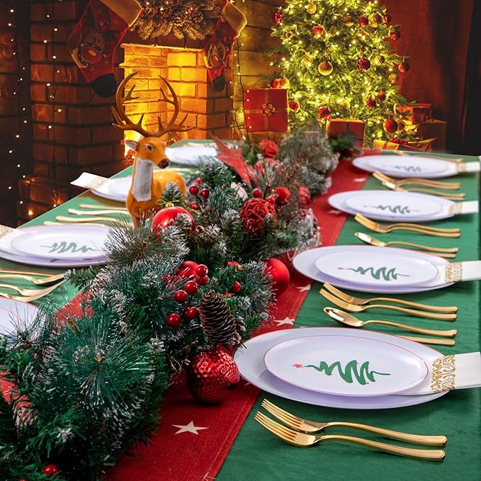 Supernal 350pcs Christmas Plastic Dinnerware Set,Christmas Plastic Plates,Gold Plastic Silverware,Gold Plastic Cups,Plastic Plates with Christmas Tree Design Suit for 50 Guests Perfect for Christmas