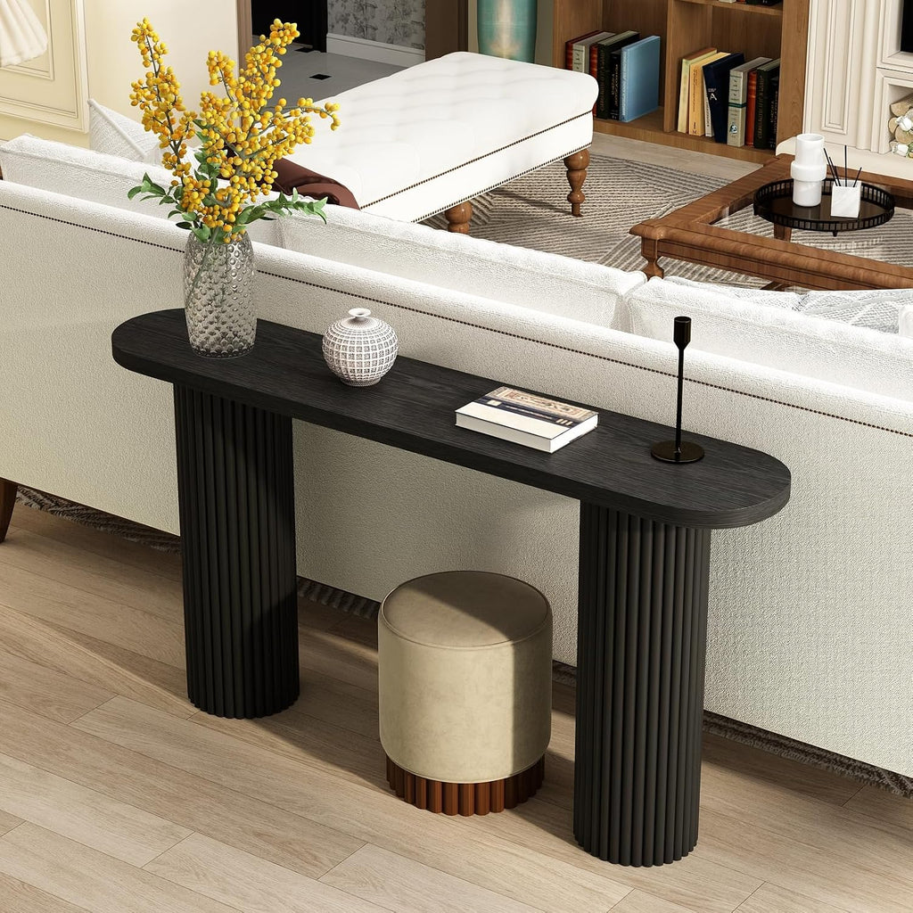 55" Fluted Console Table with Solid Wood Legs, Long Farmhouse Entryway Table with Rounded Corners, Morden Sofa Tables Behind Couch for Foyer, Entrance, Living Room, Hallway