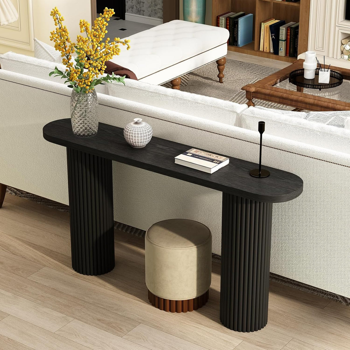55" Fluted Console Table with Solid Wood Legs, Long Farmhouse Entryway Table with Rounded Corners, Morden Sofa Tables Behind Couch for Foyer, Entrance, Living Room, Hallway