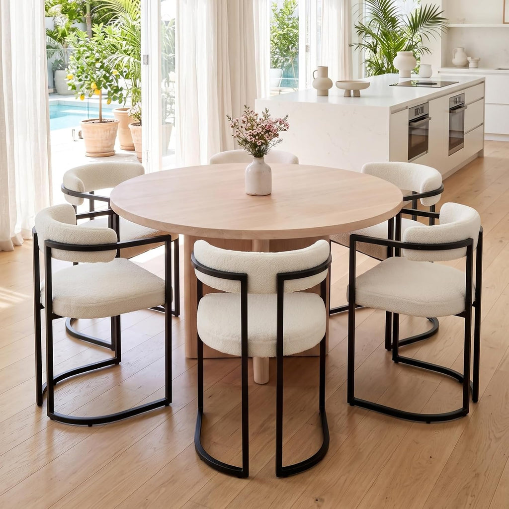 Barrel Dining Chairs Set of 2, White Boucle | Soft Boucle Upholstered Modern Dining Chairs, Ergonomic Curved Backrest, Black Metal Frame, Armchair, Kitchen Living Room