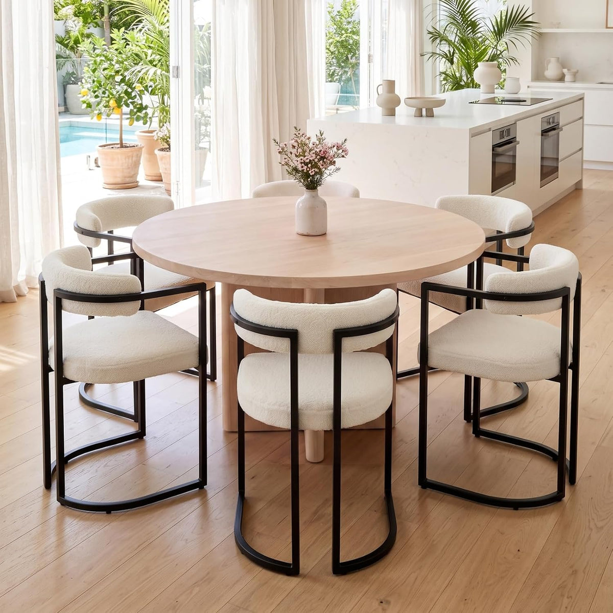 Barrel Dining Chairs Set of 2, White Boucle | Soft Boucle Upholstered Modern Dining Chairs, Ergonomic Curved Backrest, Black Metal Frame, Armchair, Kitchen Living Room