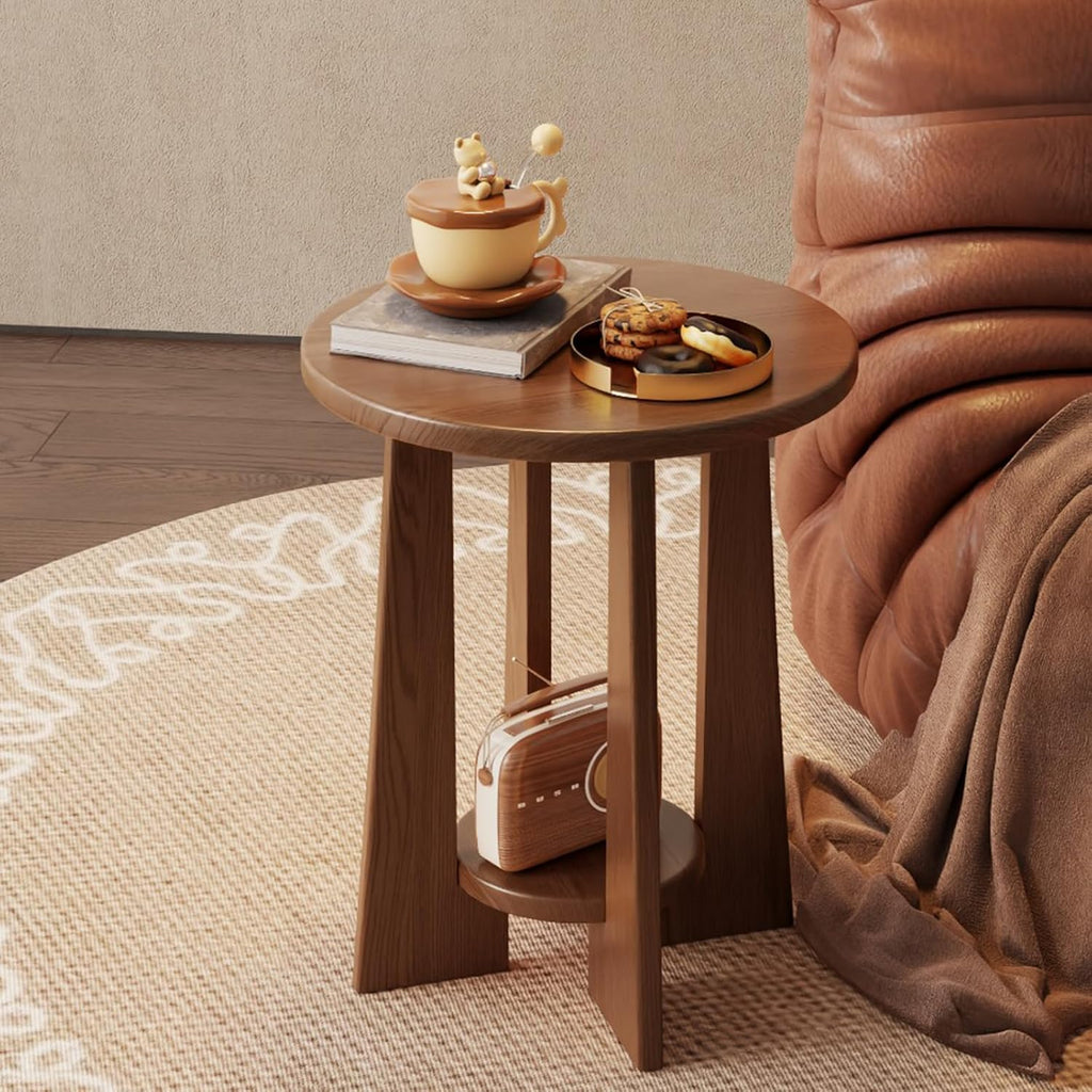 YUNMUAIR-Round Wood End Table with 2-Tier Storage,15.75" Dia Small Accent Sofa Table,Solid Wood Nightstand,Modern Side Tables for Living Room Bedroom Small Space,Walnut Brown