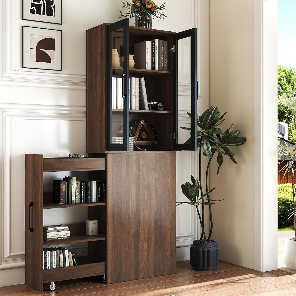 70.9" H Display Storage Cabinet , 4 Tier Multi-functional Pull-out Multi-tier Storage Shelf & 2 Glass Doors, Modern Wooden Kitchen Pantry Cabinet for Living Room or Kitchen and Dinning Room (Walnut)