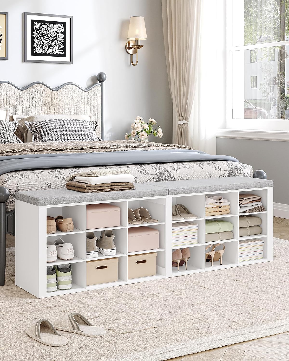 Hzuaneri Shoe Storage Bench with Cushion, Entryway Storage Bench with 18 Cubbies, 9.5" Widened Organizer Cabinet, Long Cubby Rack for Living Room, Bedroom, Entryway, White SB25703GY