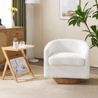 VINGLI 360°Swivel Accent Chair with Engineered Wood Base and Removable Cushion for Living Room, Bedroom, Curved Back Barrel Chair for Small Space, Upholstered Bucket Armchair, Teddy White