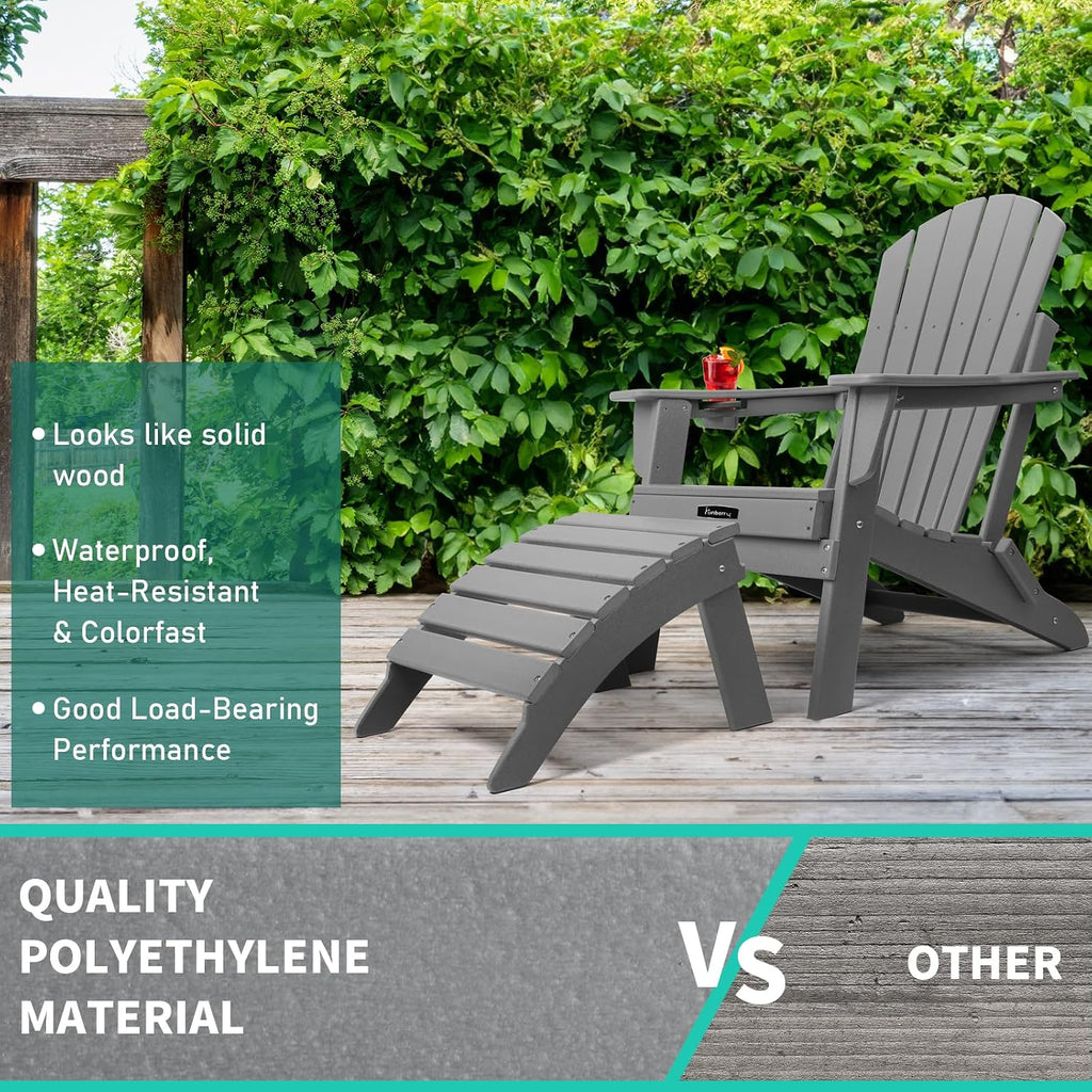 Folding Adirondack Ottoman Set of 2, Outdoor Foot Rest, Patio Footstool | Portable, HDPE All Weather, Easy Storage, No Rot or Rust or Crack, Fade Shield, Save Space, Easy-Clean for Indoor or Outdoor