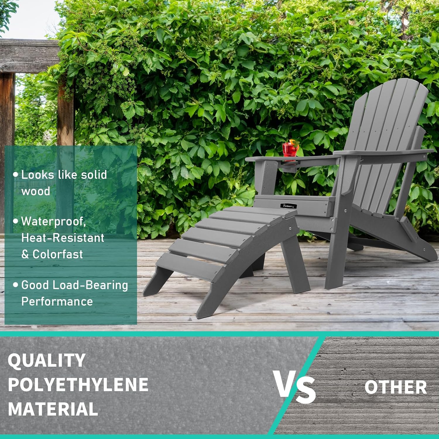 Folding Adirondack Ottoman Set of 2, Outdoor Foot Rest, Patio Footstool | Portable, HDPE All Weather, Easy Storage, No Rot or Rust or Crack, Fade Shield, Save Space, Easy-Clean for Indoor or Outdoor