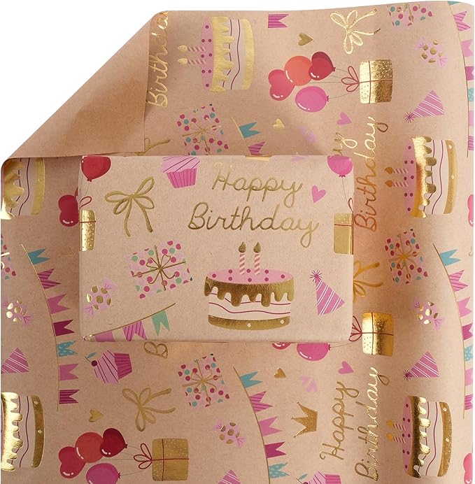 Aimyoo Birthday Wrapping Paper Roll - 17 Inch X 16.4 Feet - Gold Foil Celebration Cake, Gift Box,Happy Birthday Lettering Design Gift Wrap for Kids, Baby Showers