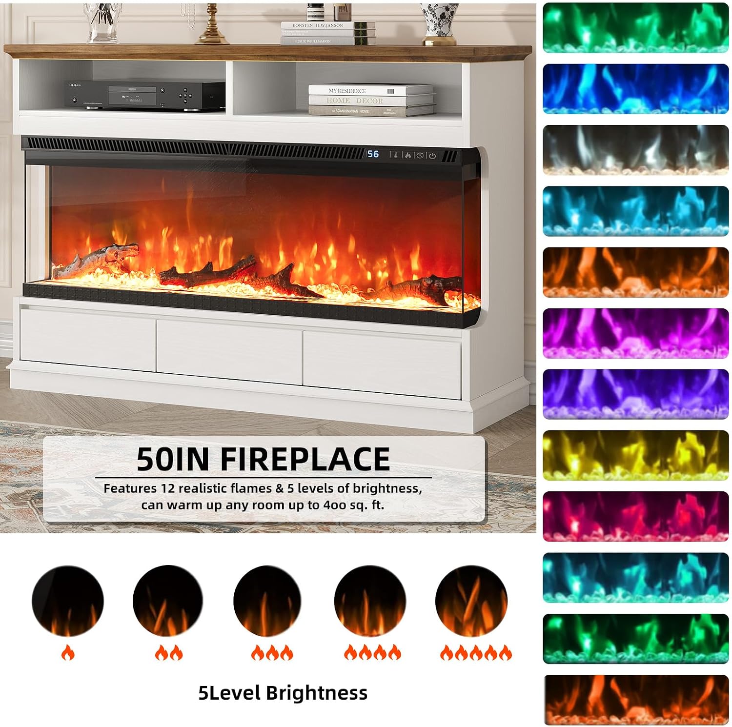 4 EVER WINNER Fireplace TV Stand with 50" Electric Fireplace, Fireplace Entertainment Center with 3-Side Glass Insert, 3 Drawers, TV Stands for Living Room, White