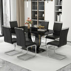 71" Modern Dining Table Set for 6, Black Faux Marble Dining Table with 6 Upholstered Chairs, Large Rectangle Kitchen Table Set, Tempered Glass Tabletop, U-Shaped Base, Ideal for Dining Room