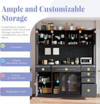 Freestanding Kitchen Pantry Cabinet with Hutch, Large Coffee Bar Storage Cabinet with Adjustable Shelves, Drawers, Pegboard, Towel Rack and Power Outlet (Black)