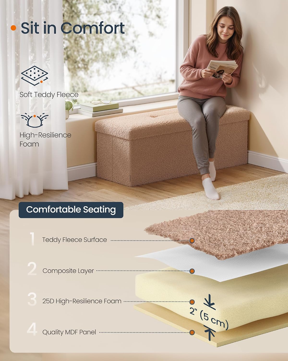 SONGMICS Large Folding Storage Ottoman Bench, 15 x 43 x 15 Inches | Foot Rest Stool, Load up to 660 lb, Tan and Ink Camel Brown, MINOTA Collection ULSF097K01
