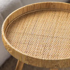 Round Side Table, Boho Circle End Table Coffee Table with Solid Wood Leg, Rattan Side Tables Living Room for Small Spaces, Bedroom, Corners