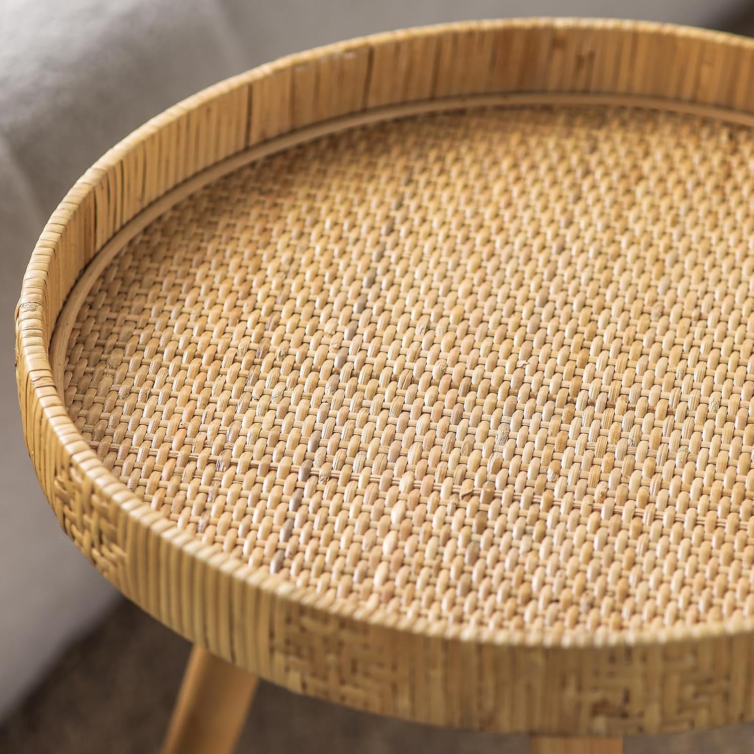 Round Side Table, Boho Circle End Table Coffee Table with Solid Wood Leg, Rattan Side Tables Living Room for Small Spaces, Bedroom, Corners