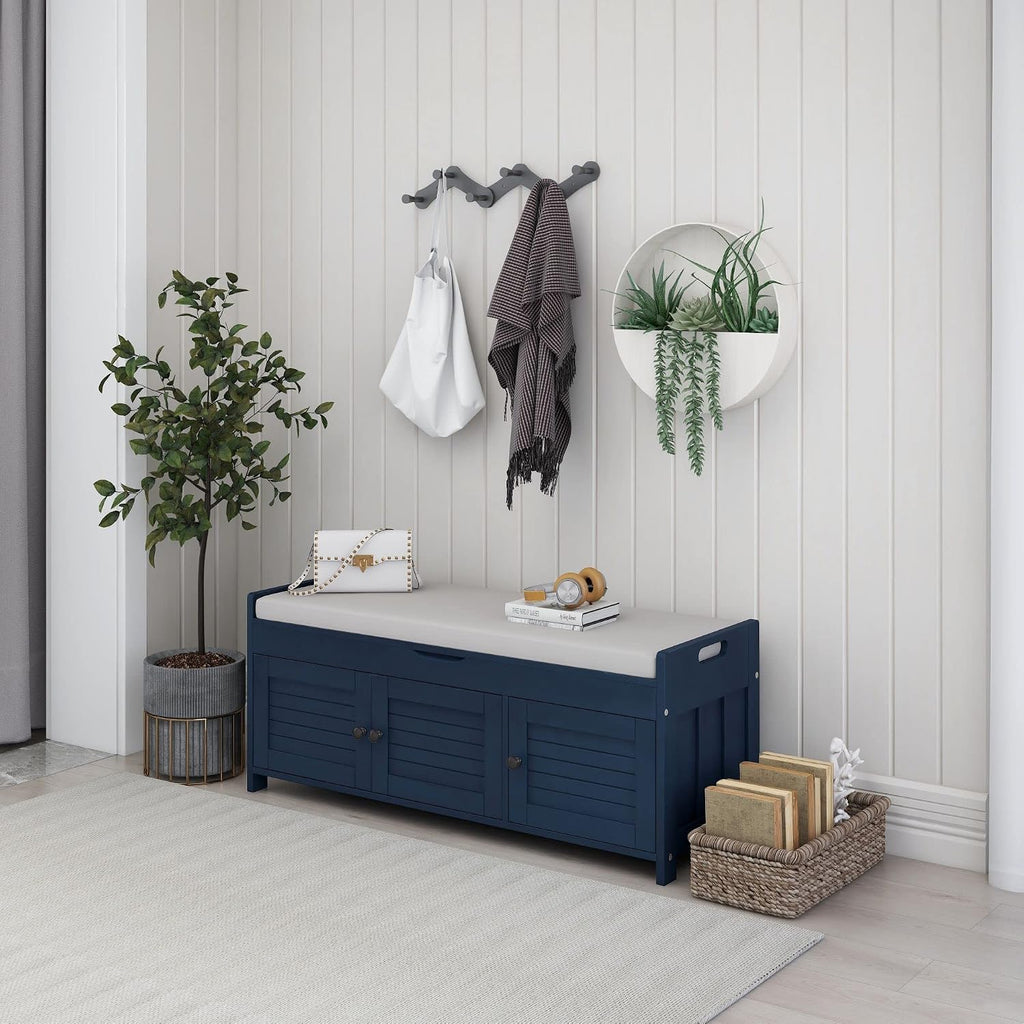 Storage Bench with 3 Shutter-Shaped Doors, Wood Shoe Bench with Removable Cushion and Hidden Storage Space for Entryway, Living Room, Hallway 43.5" L*16" W*18" H Antique Navy