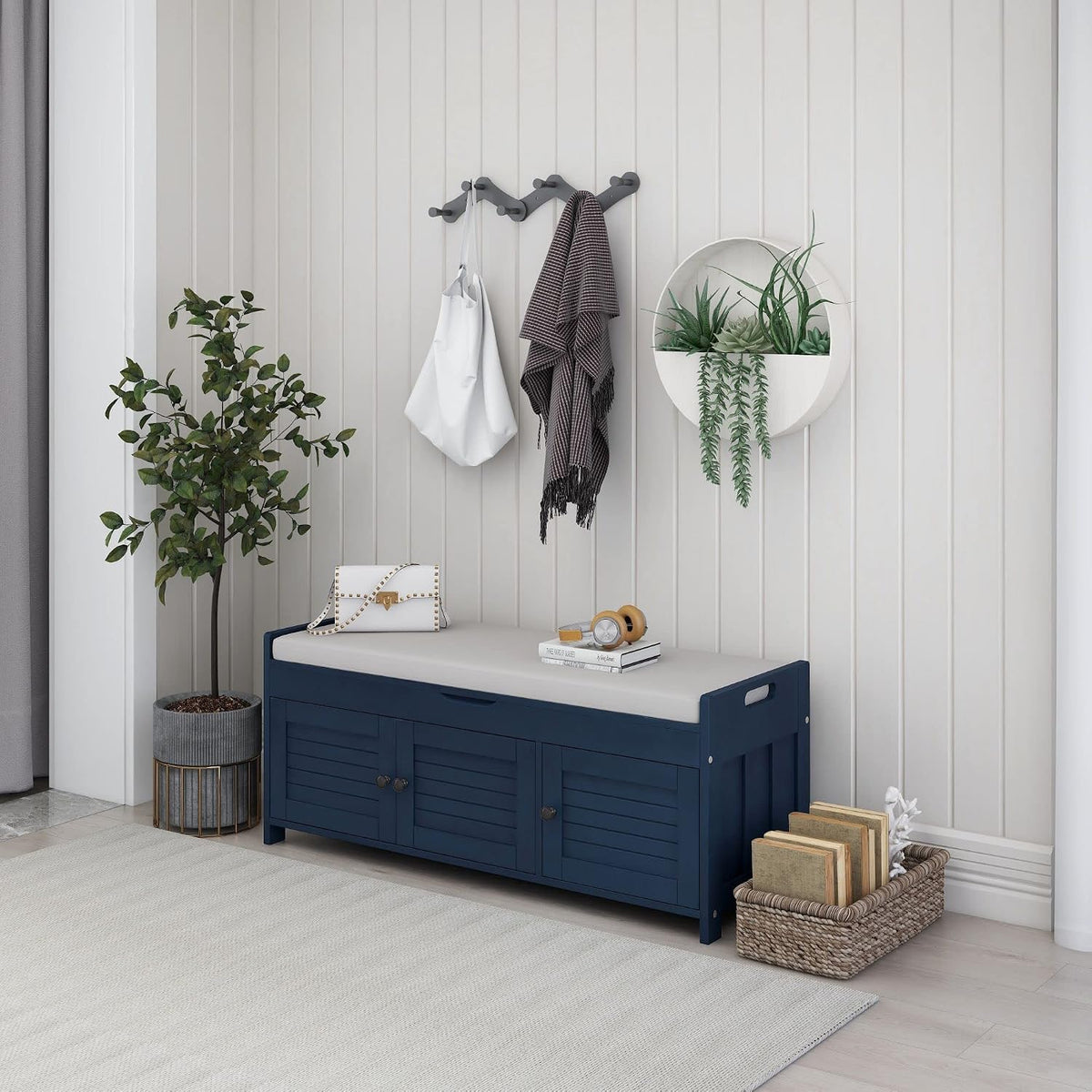 Storage Bench with 3 Shutter-Shaped Doors, Wood Shoe Bench with Removable Cushion and Hidden Storage Space for Entryway, Living Room, Hallway 43.5" L*16" W*18" H Antique Navy