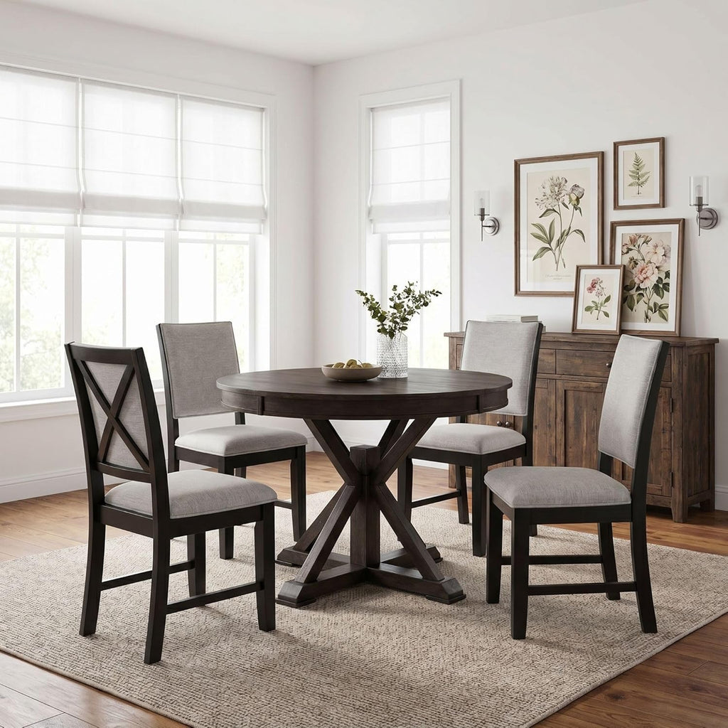 42"-54" Extendable Dining Table for 4-6 People Farmhouse Round/Oval Dining Room Table Solid Wood Kitchen Table with Cross Base (Dark Brown)
