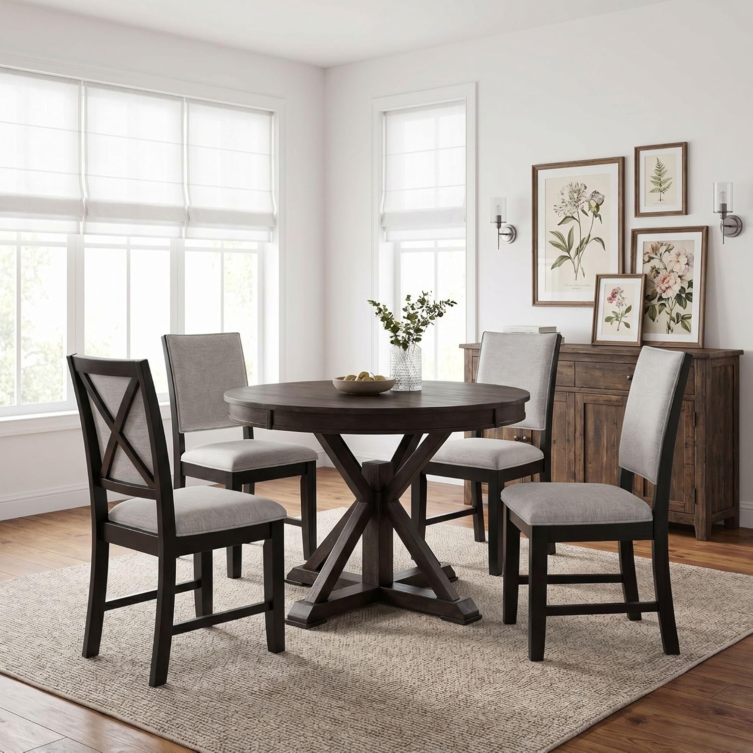 42"-54" Extendable Dining Table for 4-6 People Farmhouse Round/Oval Dining Room Table Solid Wood Kitchen Table with Cross Base (Dark Brown)