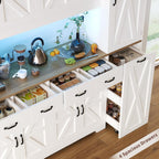 70.9" Tall Farmhouse Pantry Cabinet with Pull-Out Storage Cart & LED Lights, Large Kitchen Hutch with Charging Station, 9 Doors 4 Drawers Adjustable Shelves for Dining Living Room, White