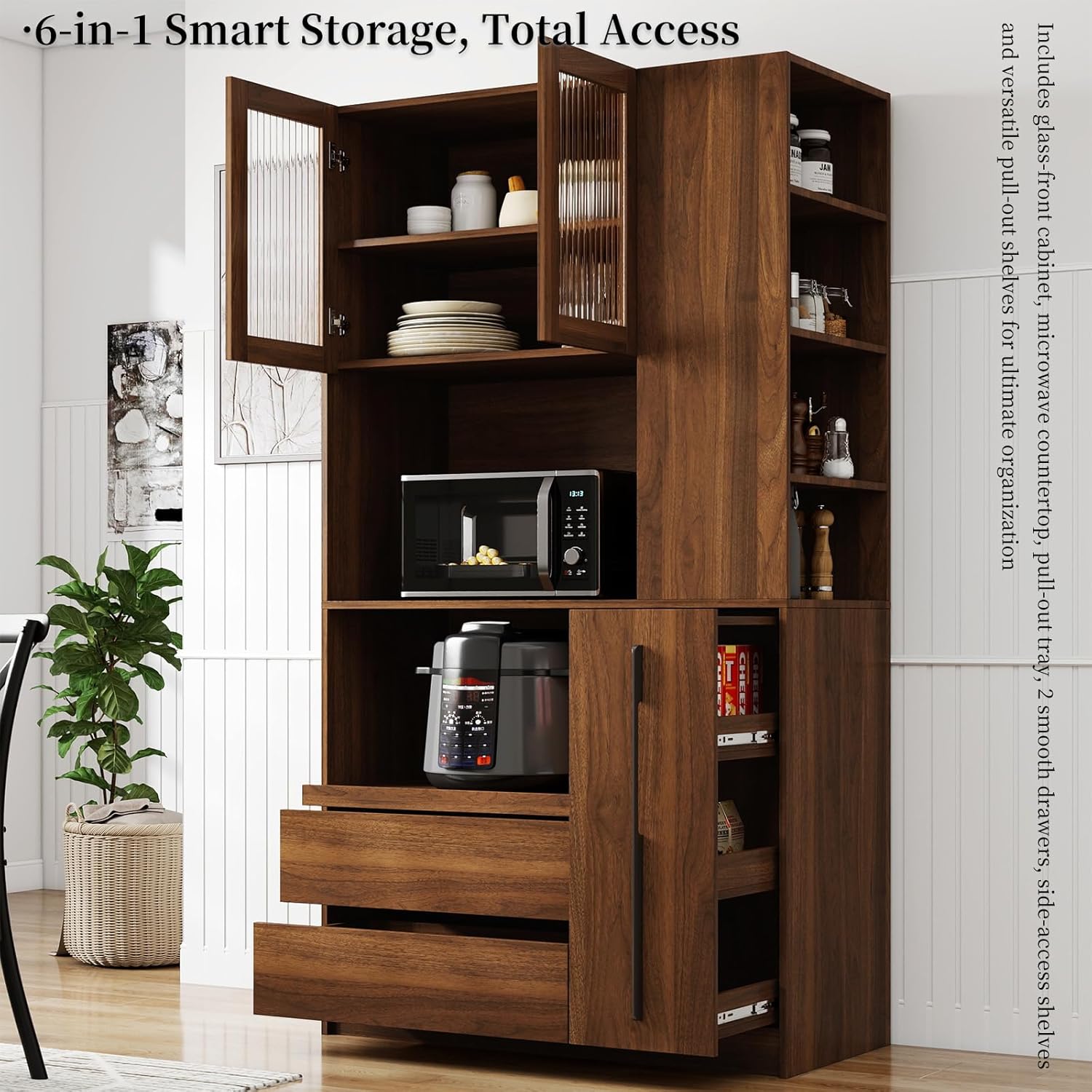 Tall Kitchen Hutch Cabinet with Pull-out Shelves, Storage Drawers, Glass Doors Freestanding Cable Management Pantry Large Kitchen Cupboard for Dining Room with Microwave Countertop Walnut Finish