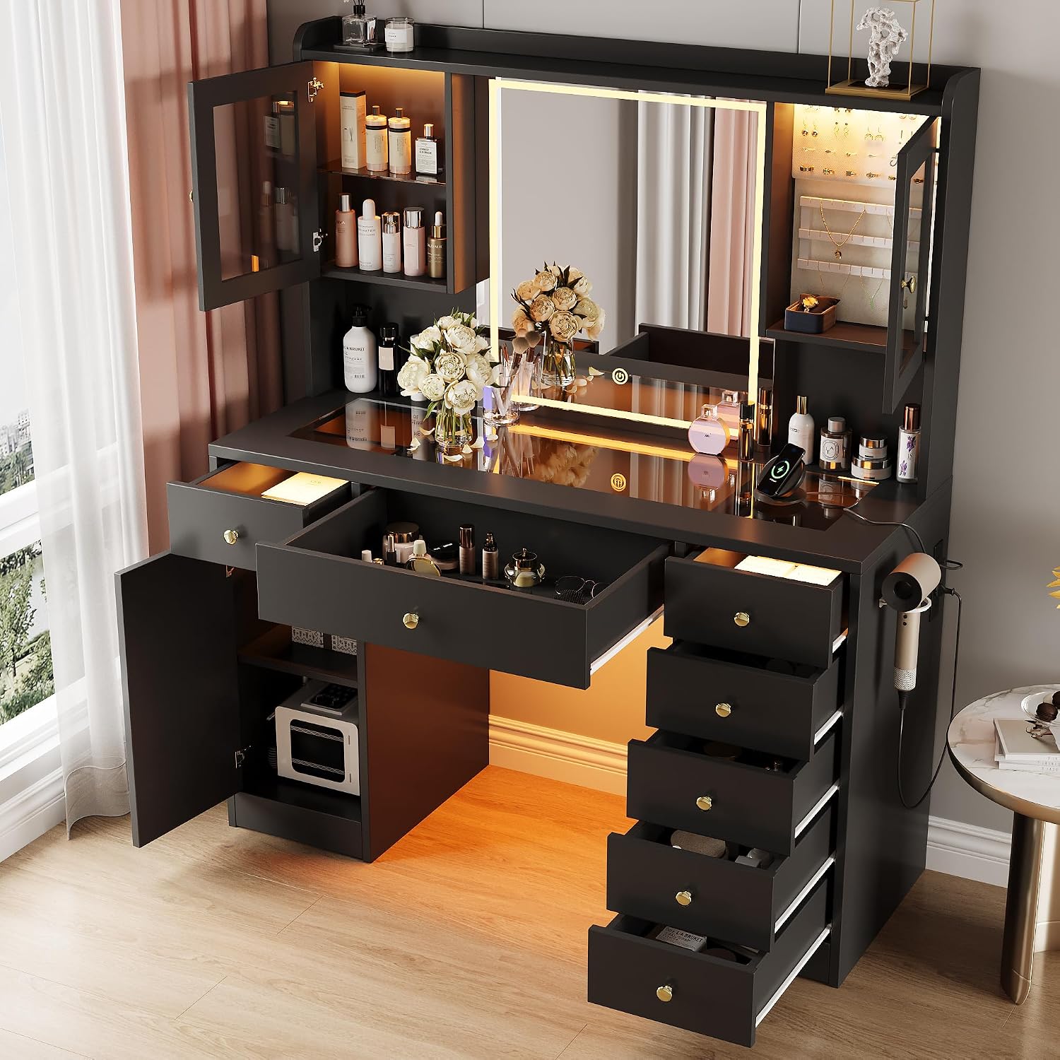 Einhomn Makeup Vanity Desk with Mirror & LED Lights, Large Glass Top Vanity Table with 7 Drawers & 3 Cabinets, Modern Dressing Table with Charging Station & RGB Lights for Bedroom, Black