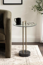 Kate and Laurel Cerullo Modern Round Glass Side Table with Marble Base, 16 x 16 x 24, Antique Brass and Black Marble, Glam Circle End Table for Use as Indoor Plant Stand or Bedroom Nightstand
