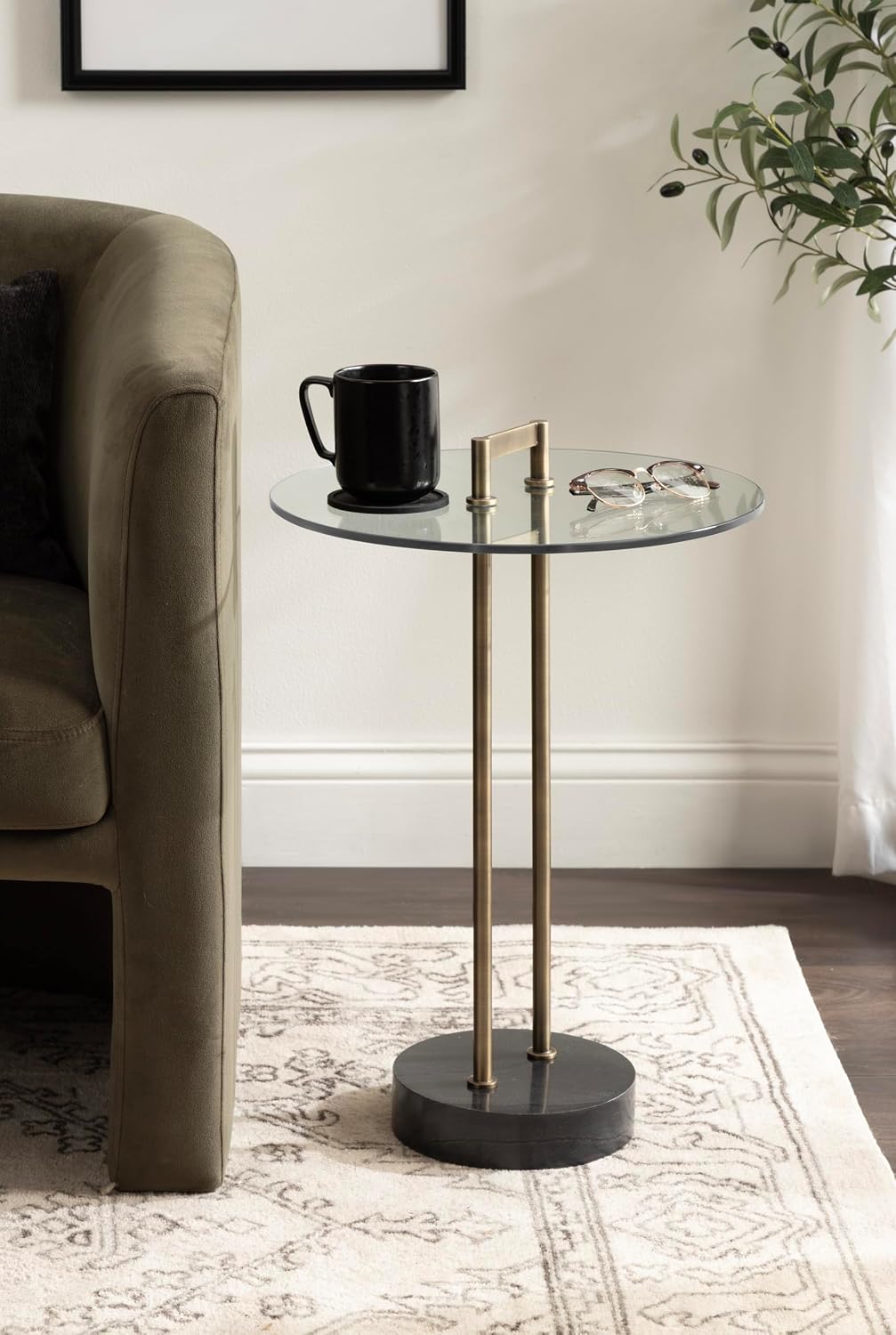Kate and Laurel Cerullo Modern Round Glass Side Table with Marble Base, 16 x 16 x 24, Antique Brass and Black Marble, Glam Circle End Table for Use as Indoor Plant Stand or Bedroom Nightstand